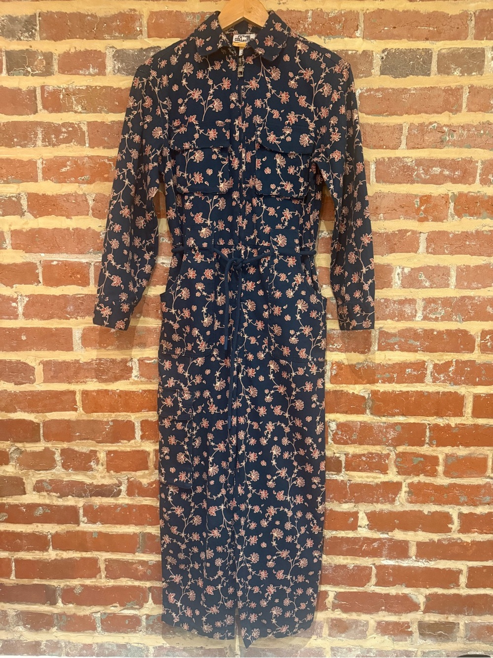 Zip Up Jumpsuit w/ Pockets - Women's Navy Floral Jumpsuit with Drawstring Waist